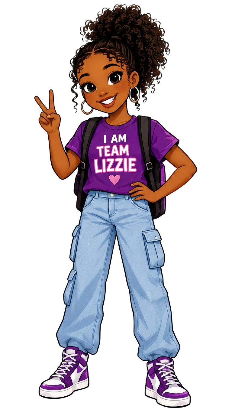 Lizzie — a confident girl with natural curls, purple I AM TEAM LIZZIE tee, and a peace sign